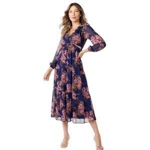 Sofia Jean Cutout Midi Floral Bouquet Balloon Sleeve V-Neck Blue Dress Size L